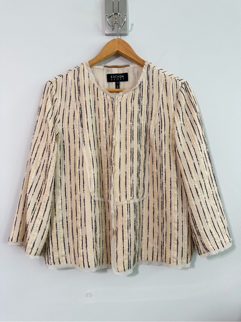 ESCADA SPORT Beatina Light Silk Blend Tweed Ribbon Stripe Hook Eye Jacket 42